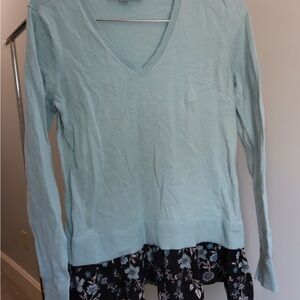 LOFT Light Blue V-Neck Blouse‎ with Floral Hem